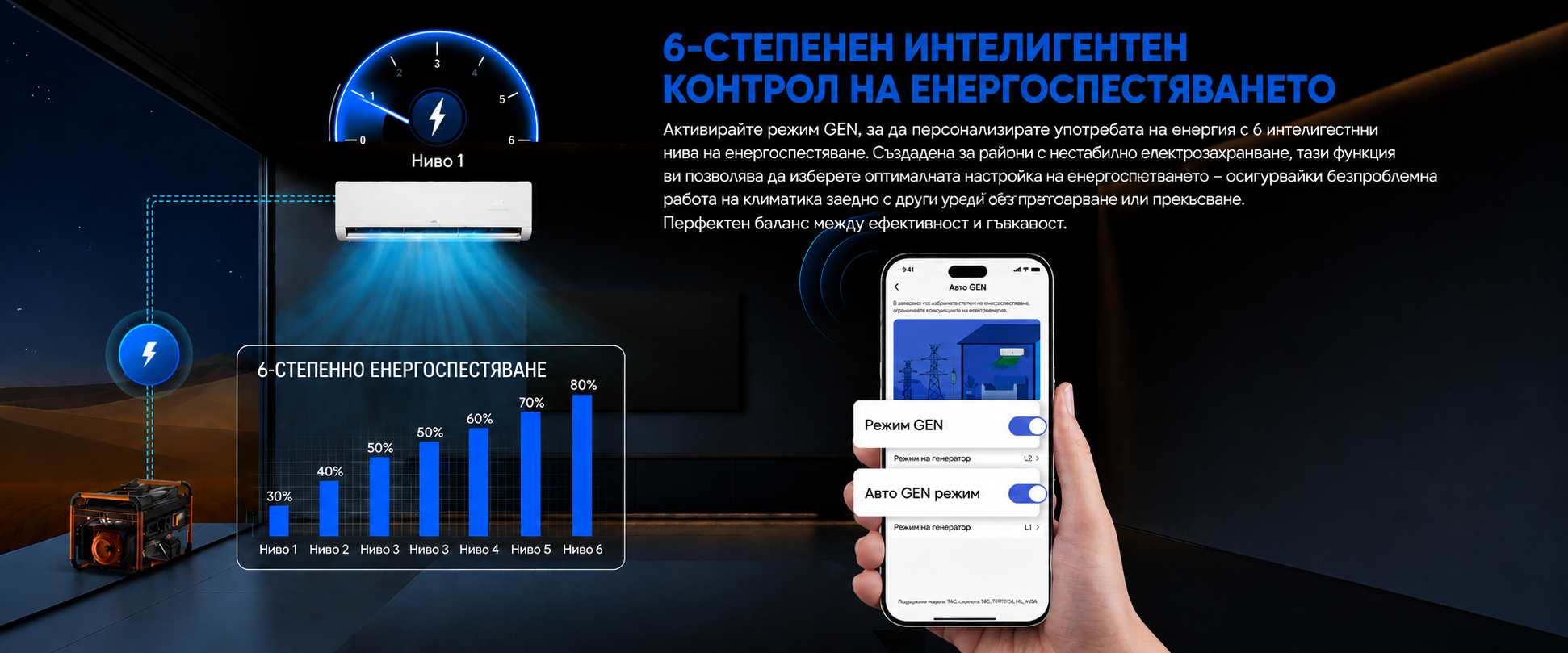 TCL ULTRA UG 12 Generator Mode шестстепенен режим за оптимизиране на мощността